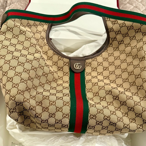Gucci Giglio Large Beige and Brown GG Canvas Tote with Green & Red Web Trim LN - Picture 4 of 8
